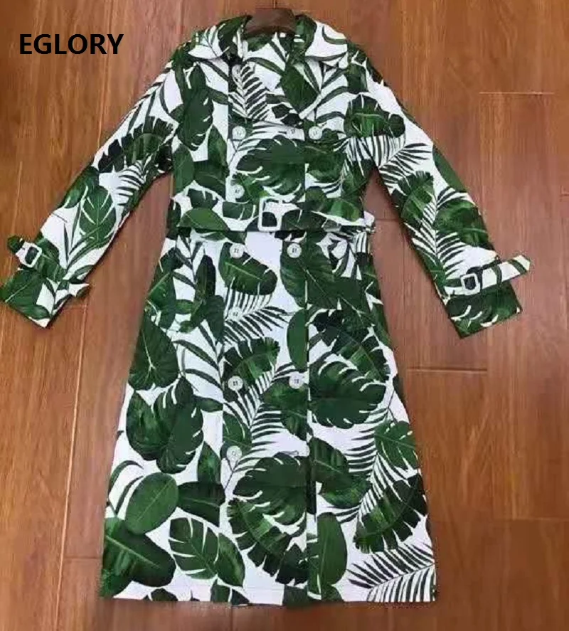 

Trench Coats 2020 Autumn Winter Fashion Style Women Turn-down Collar Green Leaves Print Double Breasted Casual Long Coat Outwear