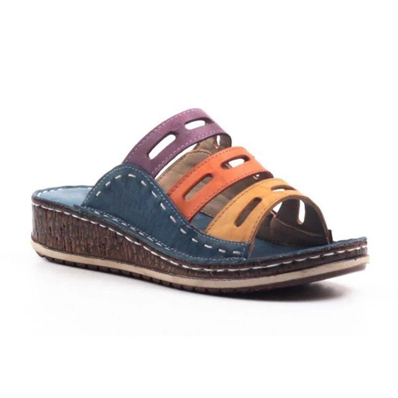 

Chic Summer Women Lady Fashion Three-color stitching color Casual Low Wedge Heel Beach Open Peep Toe Sandals Slippers Shoes