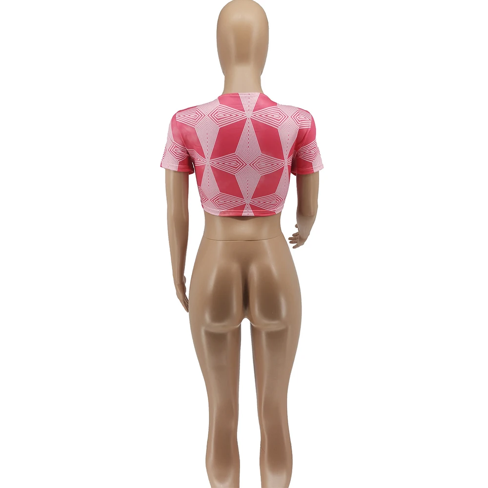 

Geometric Pattern Tie Up Sexy Bandage T-shirts 2021 New Women Deep V Neck Short Sleeve Tops Vintage Summer Party Club Crop Tee