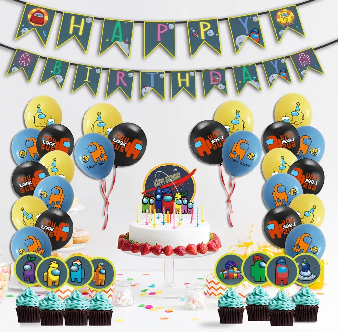 

Among Us Theme Birthday Party Decorate Supplies Children Game Cute Cartoons Pull Flag Balloon Celebrate Festival Anniversary Set