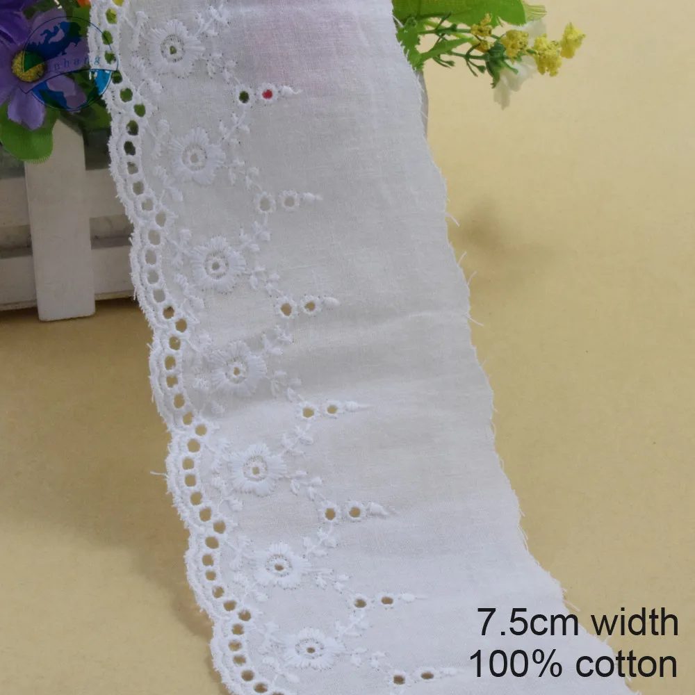 

10 ярдов 7,5 см в ширину 100% из хлопка с кружевами и вышивкой Швейные гипюровые ленты отделкой из кружева, свадебное платье, DIY аксессуары для одежды африканская кружевная #3993