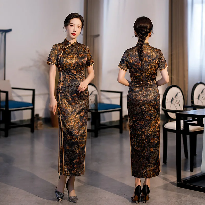 

Lady Large Size 3XL 4XL Print Floral Qipao Rayon Long Cheongsam Traditional Chinese Dress Gown Elegant Wedding Party Vestidos