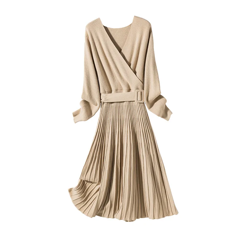 

Elegant women sexy v neck long sleeve high waist pleated dress luxury woman clothing Autumn winter knitted runway dress 2020