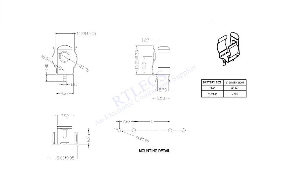 Зажимы для батарей AA 1/2AA CR2 100 шт. сквозные отверстия DIP пружина печатной платы