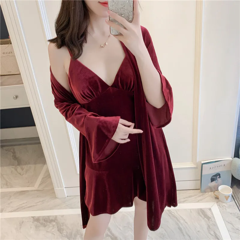 

Autumn Winter Golden velvet Robe set Sexy Deep V-neck Sleepwear Women's Night Dress Lingerie Bathrobe Underwear With chest pad