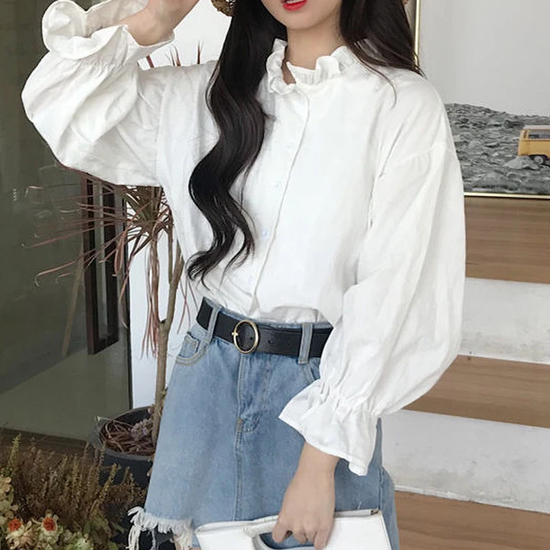 Женская офисная блузка с воротником-стойкой, элегантная белая Повседневнаярубашка оверсайз с оборками и длинным рукавом, корейский стиль