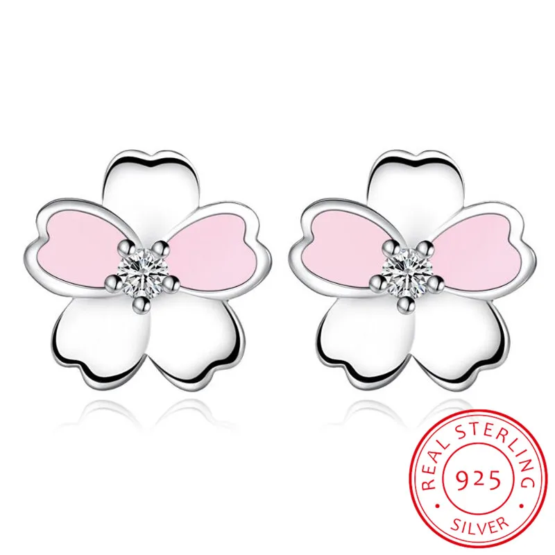 

Cute Small 925 Sterling Silver Cherry Blossom Flower Set Pink CZ Stud Earrings For Women Girls Kid Jewelry Orecchini Aros Aretes