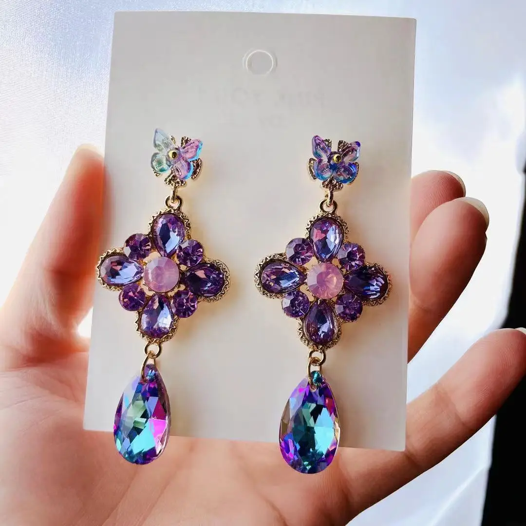 

Romantic Crystal Flash Purple Earrings for Women Large Stud Earrings Statement Jewelry Valentines Day Gift Wholesale Piercing