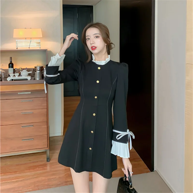 

Черное платье в стиле ретро, Осень-зима 2021, новое Плиссированное приталенное платье с прострочкой, женское платье