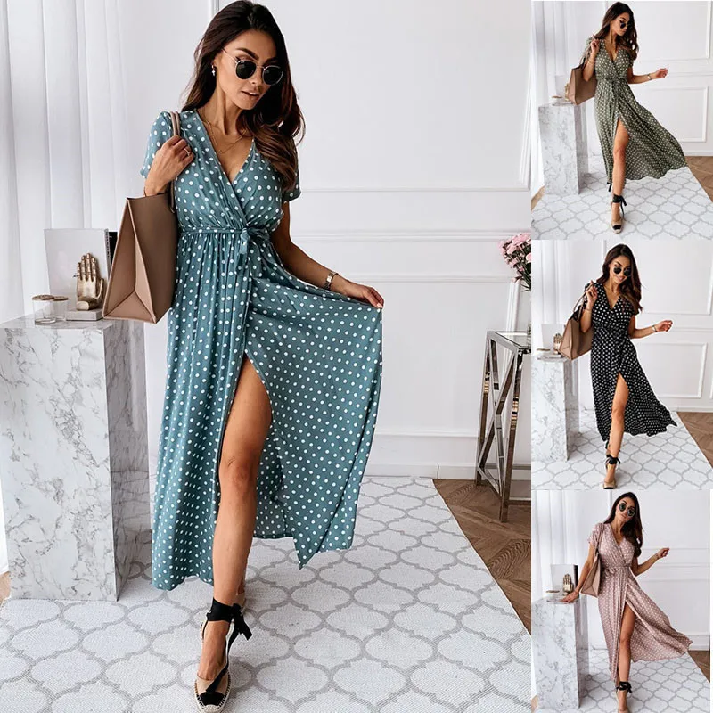 

Summer Sexy V Neck Short Sleeve Boho Polka Dot Print Maxi Dress 2020 Casual Empire Robe Ladies Party Long Dress Vestidos