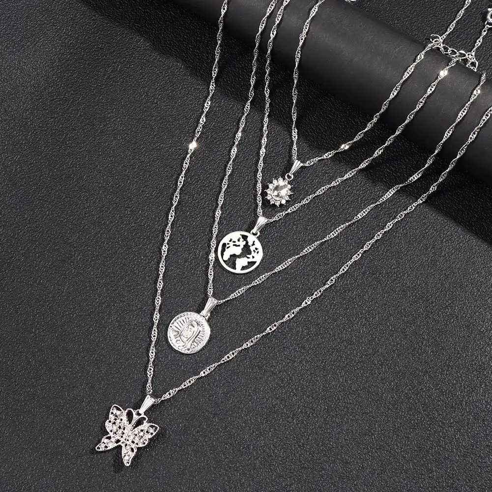 

Flatfoosie Hip Hop Multilayer Coin Portrait World Map Necklace For Women Crystal Butterfly Twisted Chain Necklace Trendy Jewelry