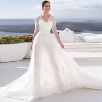 vintage v neck 34 sleeve wedding dresses 2021 a line lace appliques backless tulle floor length civil bridal gown sweep train