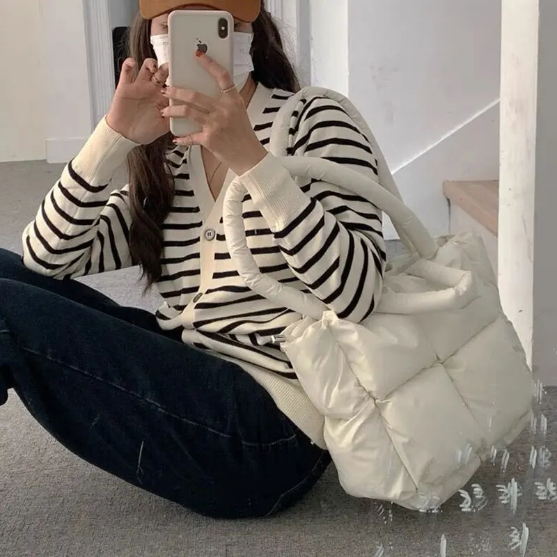 

Осенне-зимняя вместительная Хлопковая Сумка-тоут, трендовая женская сумка в клетку с бриллиантами, вместительная сумка через плечо, модная ...