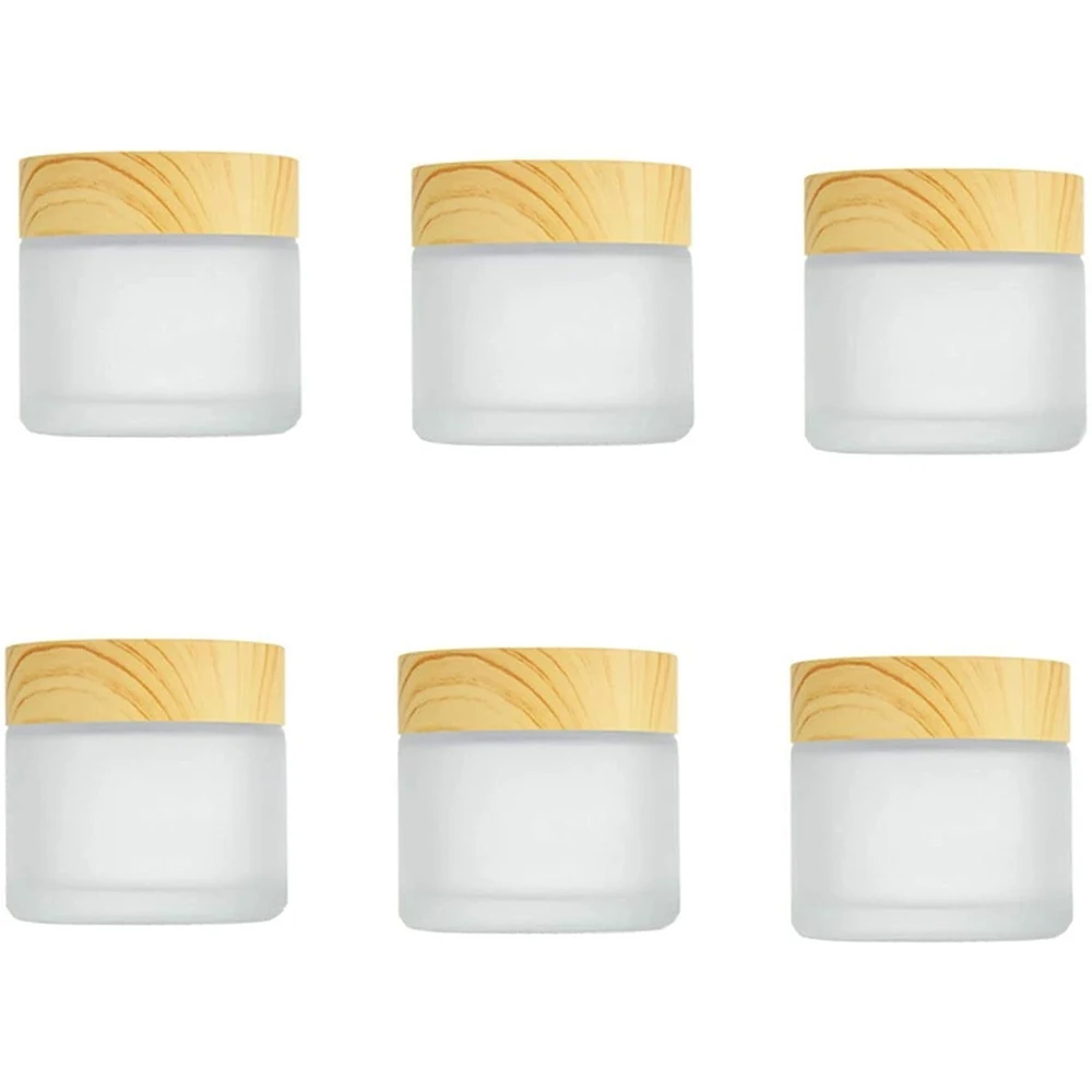 6PCS 50ML Frosted Glass Cream Jars Bottle with Wood Grain Lid Cosmetic Containers for Cosmetic Lotion Face Eye Cream Lip Balm