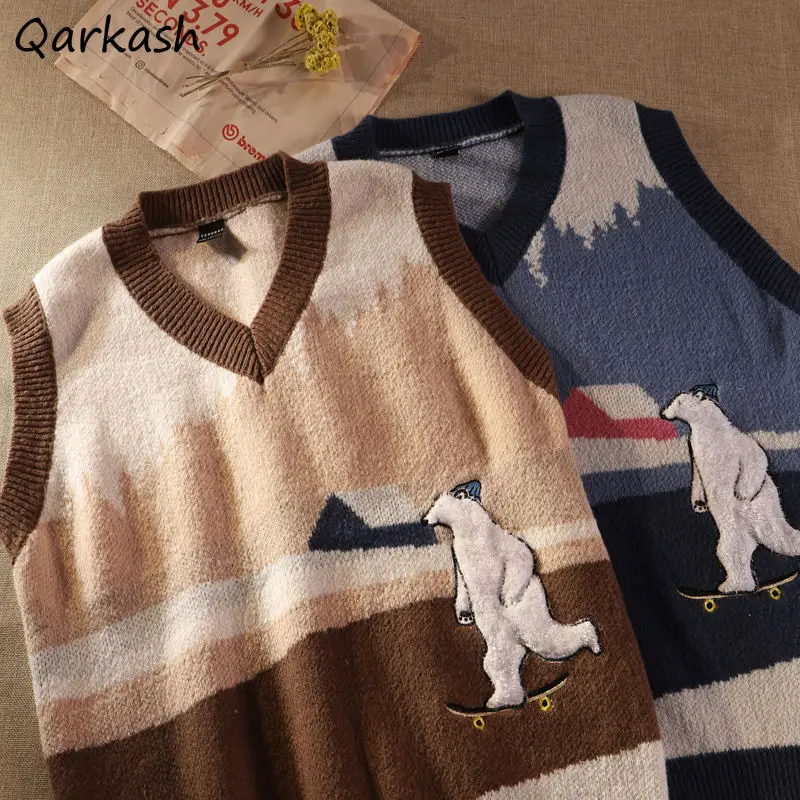 

Женский осенний свитер-жилет в стиле ретро с милым медведем и V-образным вырезом