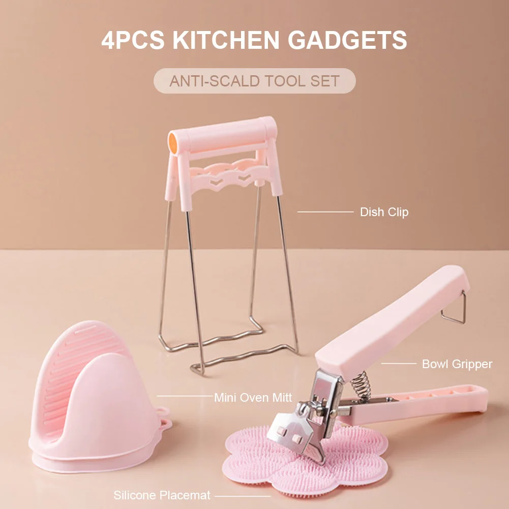 

4pcs Kitchen Gadgets Hot Pan and Bowl Gripper, Dish Clip, Silicone Mini Oven Mitt and Placemat Set