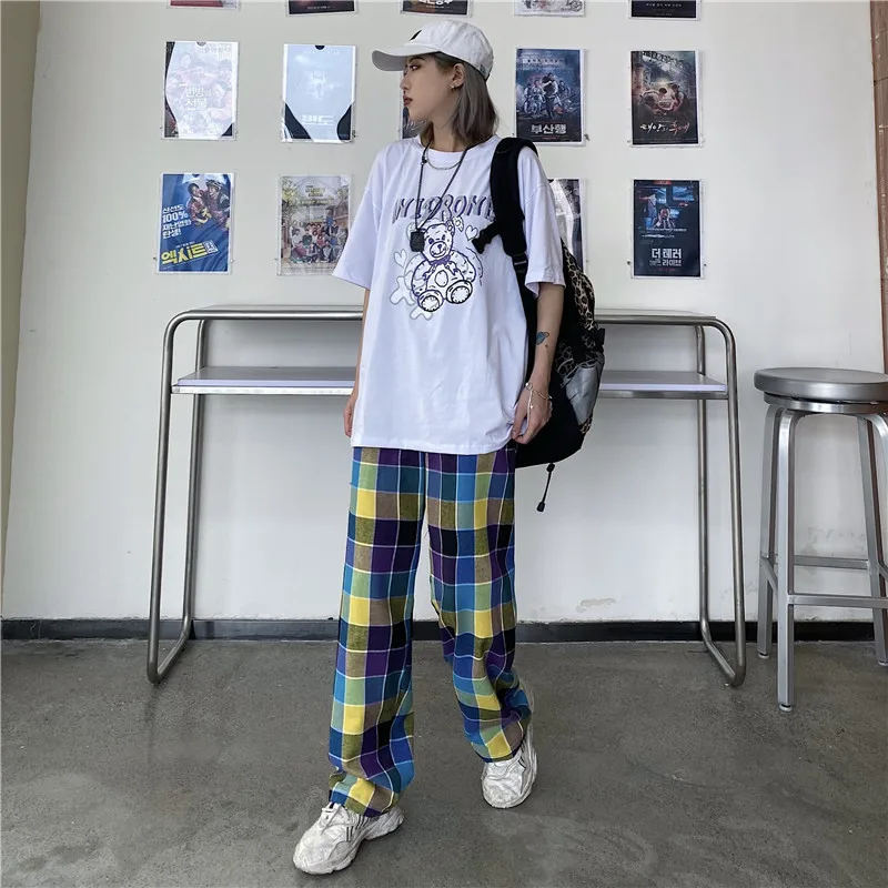 

Summer new Korean Harajuku style high waist lattice straight loose wide leg pants casual trousers women