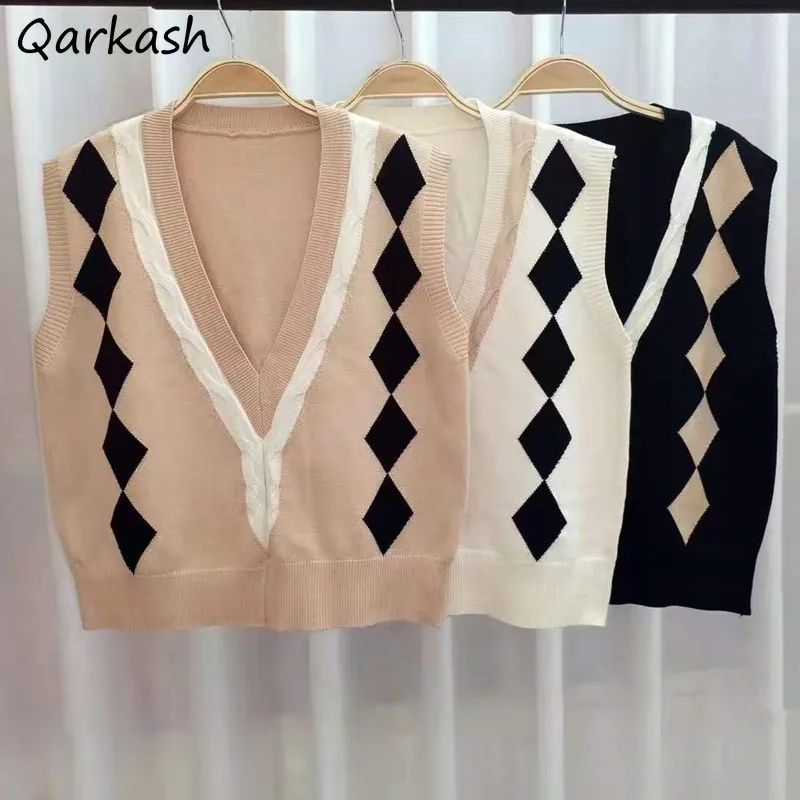 

Sweater Vests Women Japanese Style Sweet Fashion Argyle Autumn Daily Sleeveless Basic Leisure Retro Fit Student Harajuku College
