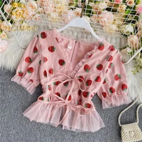 shining pink strawberry mesh sexy v neck blouses 2020 woman new summer puff sleeve blusa shirts casual sweet tops female