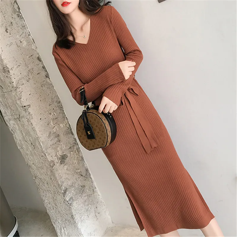 Модное корейское платье-свитер женские свитера с v-образным вырезом платья