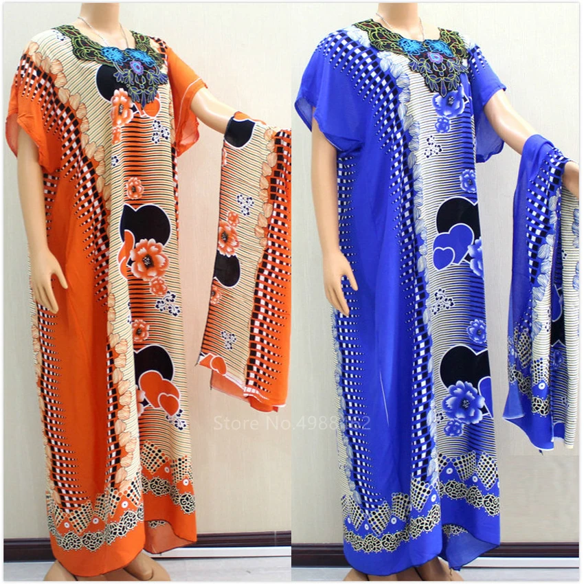 

2021 Africa Dress Women Dashiki Maxi Dress African Floral Print Clothing Bazin Loose Casual Summer Short Sleeve Hijab Scarf Set