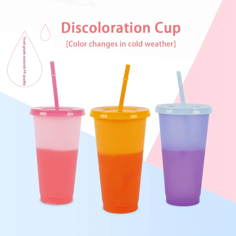 

5 Pcs Temperature Change Color Changing Rainbow Cup with Straw and Lid Reusable 720ml Plastic Cup with Straw Decoration