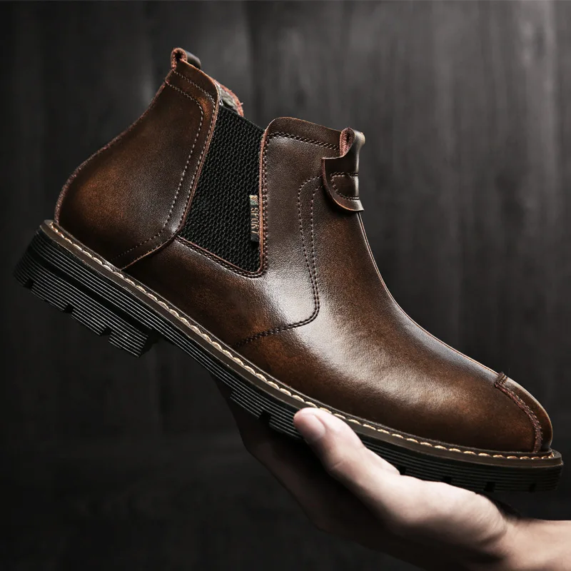 

OEIN Men Chelsea Boots Genuine Leather Slip-on Shoes Winter Warm Ankle Boots With Fur High Quality British doc Martens Botas New
