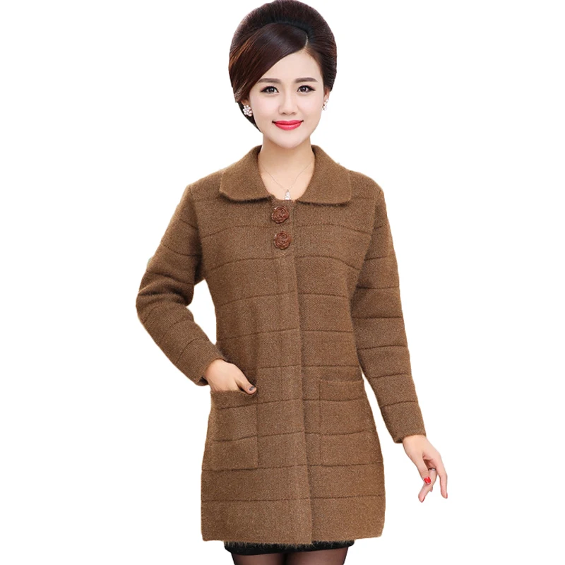 Толстый вязаный кардиган пальто Осень зима длинный свитер для мамы размера плюс