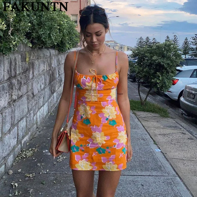 

Floral Vintage Mini Dresses For Women 2021 Vestidos Sexy Sleeveless Female Robe Ladies Party Beach Holiday Sundress Summer Dress