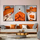 Модная картина с изображением девушки в оранжевой шляпе и юбке, современные постеры и принты на холсте, Настенная картина для украшения гостиной