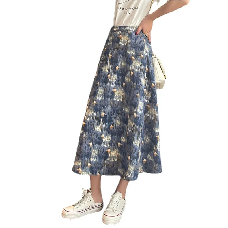 

2021 Spring Summer Autumn Women Korean Style Blue Tie Dye High Waist Midi Long Pleated Skirt Female With Belt faldas jupe