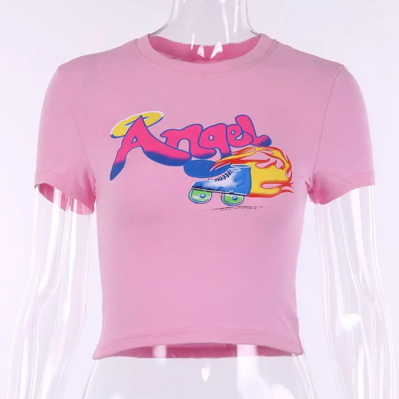 

Raisevern 2020 Fashion T Shirts Women Summer Casual Short Sleeve T-shirt 69% Angel Letter Print Cotton Tee Tops Drop Shipping