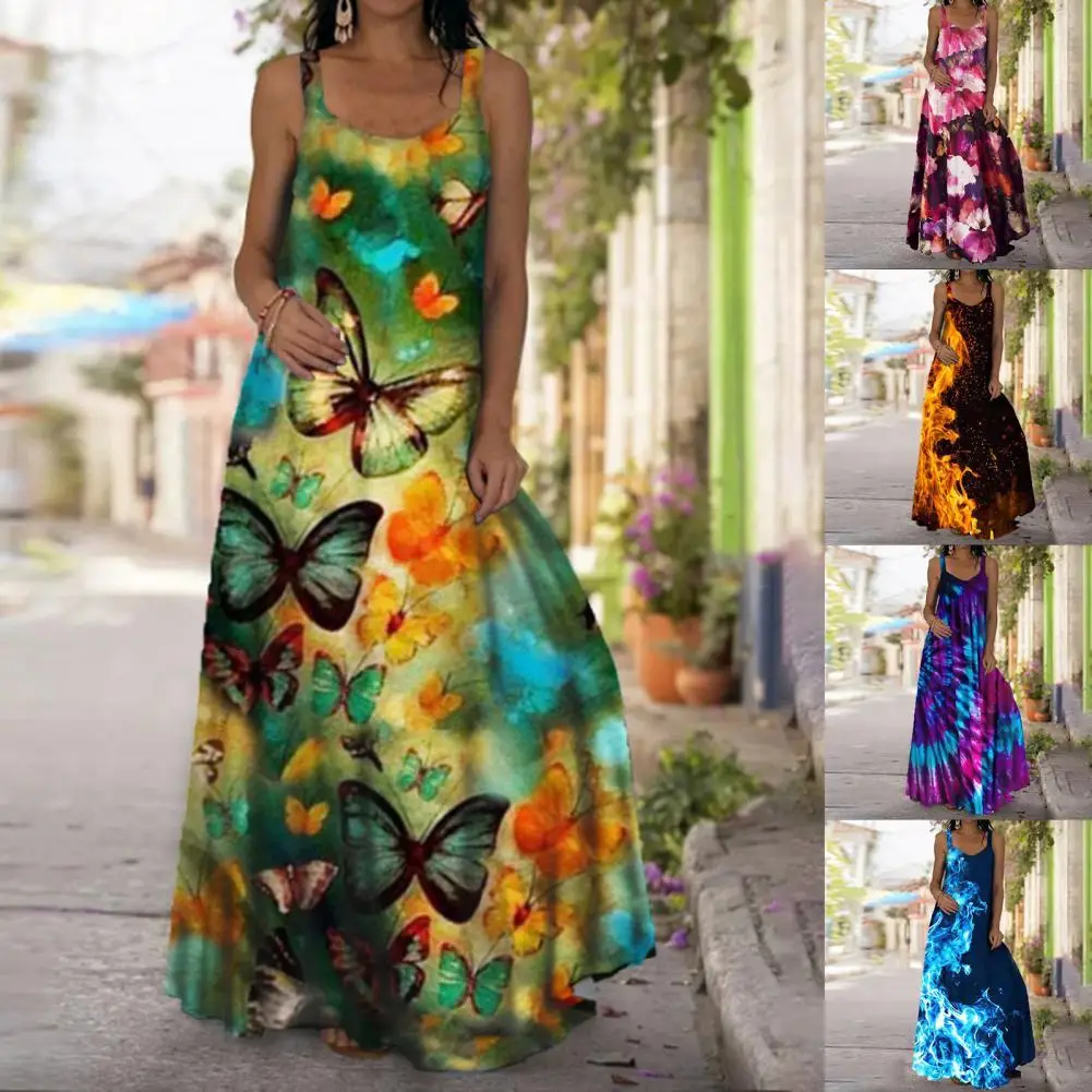 

Skin-friendly Stylish Flower Butterflies Print Floor Length Maxi Dress Comfy Beach Dress Sleeveless for Vacation