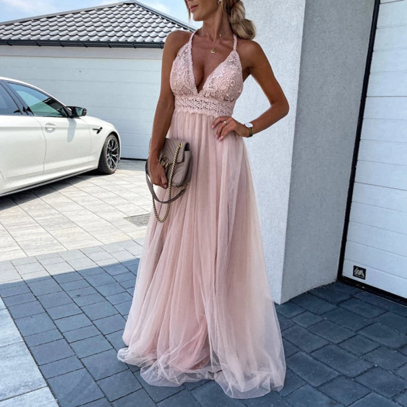 

Women's Banquet Maxi Dress Sexy Deep V Spaghetti Strap Backless Dress Elegant Mesh Solid Big Pendulum Summer 2021 Female Dresses