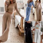 Спортивный костюм женский трикотажный в рубчик, повседневный комплект из 2 предметов, Топ с длинным рукавом и длинные брюки, элегантный однотонный костюм для отдыха с круглым вырезом