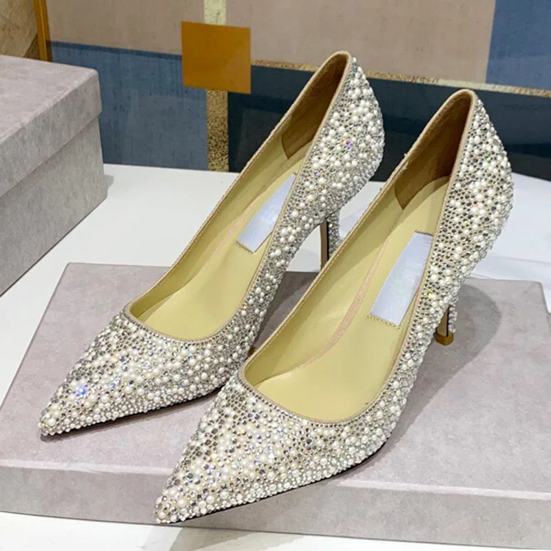 

Shiny Rhinestone Pearl Decor Women Pumps Sexy Leather Pointed Toe Shallow Super High Heels Elegant Lady Dress Wedding Stilettos