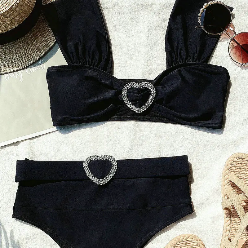 Сексуальный купальник с высокой талией черный бикини треугольный из 2 предметов