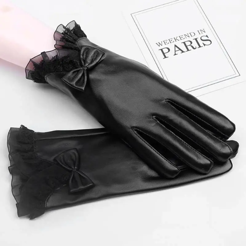 

Elegant Lady Glove Lace Bowknot Winter Warm Women Faux Leather Full Finger Ski Gloves