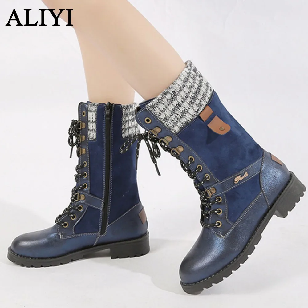 

Autumn New Knight Boots Women 2021Fashion Knitted Fabric Patchwork Ladies Warm Shoes Side Zipper Female 35-43 Mid Calf Boots