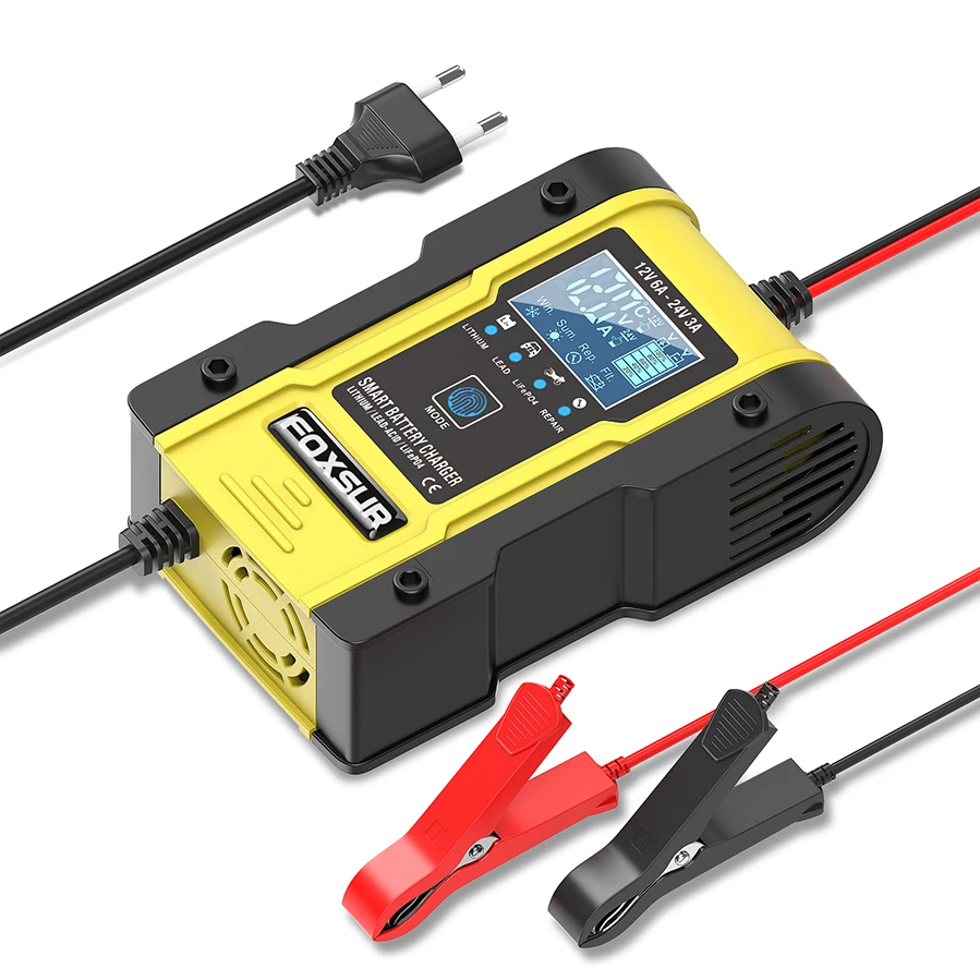 6-амперное полностью автоматическое умное зарядное устройство FOXSUR, зарядное устройство для литиевых батарей, зарядное устройство 12 В и 24 В, зарядное устройство для восстановления импульсов