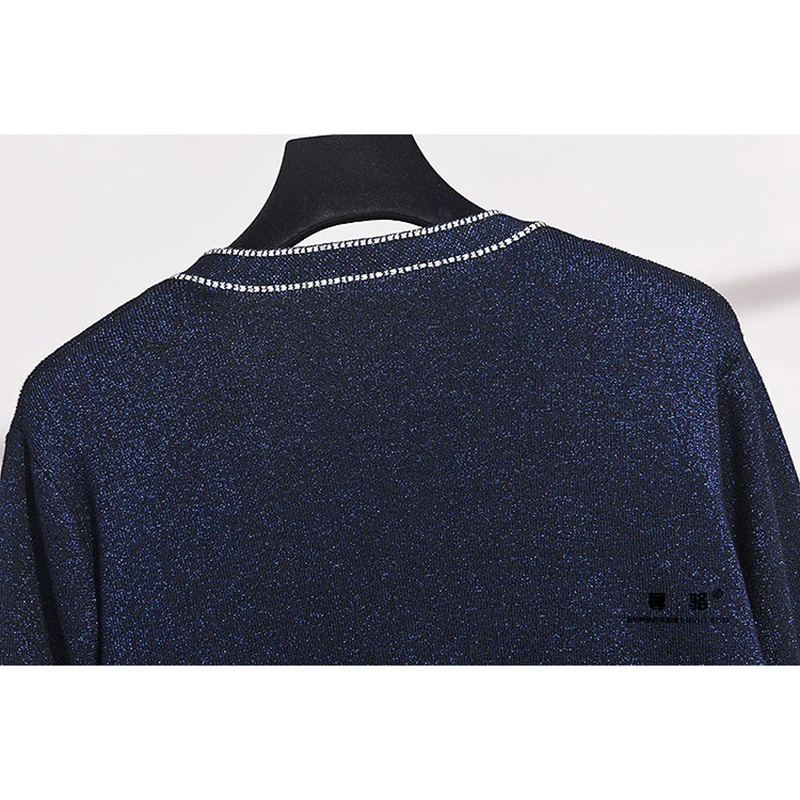 

Fashion Dark blue Bright silk Knitted Tracksuits Set Women Outfits Loose Casual Sports Zipper Cardigan Sweater Pants 2pc Female