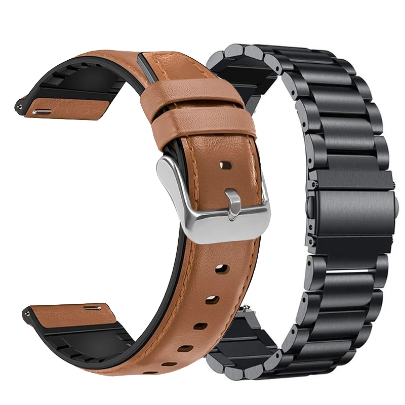 2pcs Metal strap+Leather Band For Huami Amazfit GTR47 42mm Silicon Leather Bracelet For Huami Amazfit Pace Stratos Strap 22mm 20