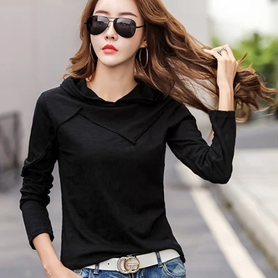 black t shirt Shintimes футболка с капюшоном Женская Геометрическая футболка с длинным рукавом Женская одежда Женская Корея осень хлопок Повседневная футболка Femme - Цвет: black t shirt