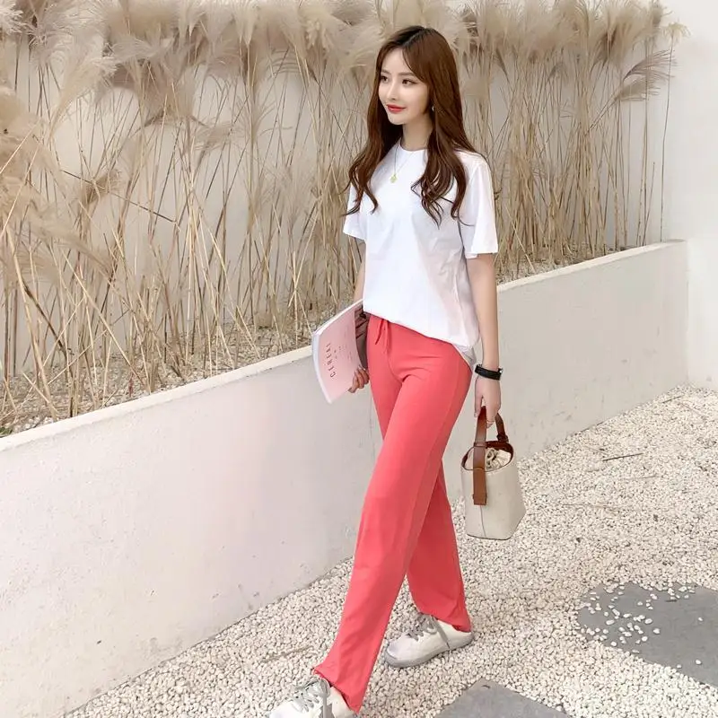 

2020 New Fashion Style Women Casual Modal Solid Elastic High Waist Pants Lady Chic Drawstring Straight Loose Trousers T243