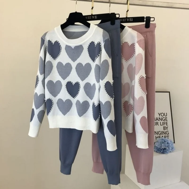

Korean Love Printed Knitted 2 Piece Set Women Short Sleeve Beading Sweater Female Tops+pants Suit Pink Casual Tracksuit X574