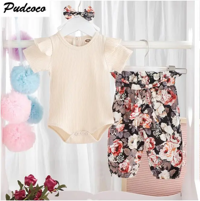 

Новый комплект, летний осенний костюм для маленьких девочек, комбинезон с коротким рукавом, топ, брюки с цветочным принтом, головной убор, ко...