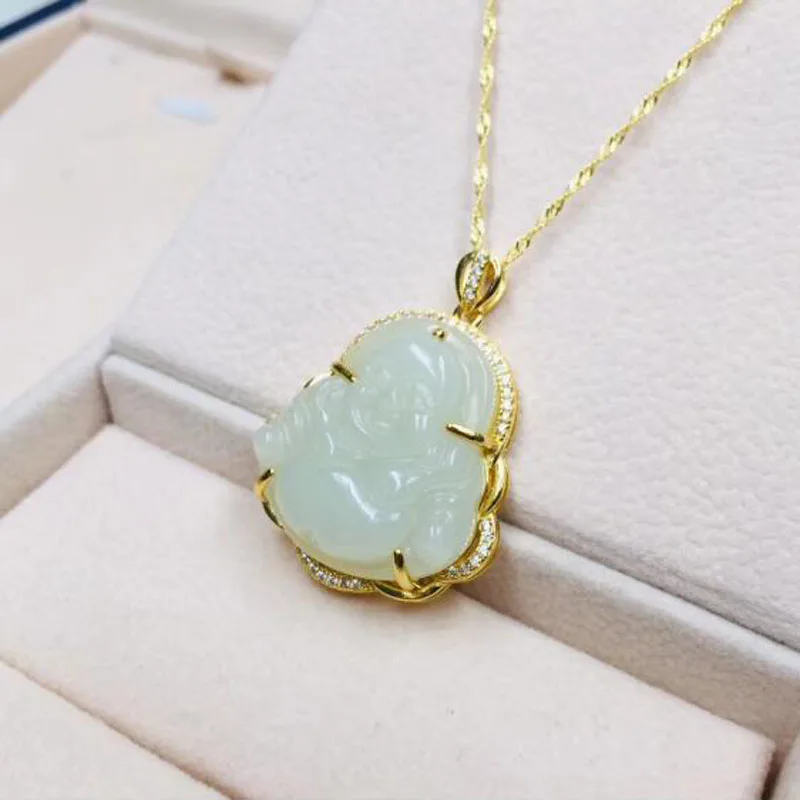 Натуральный уникальный амулет Будды из белого нефрита 925 серебра