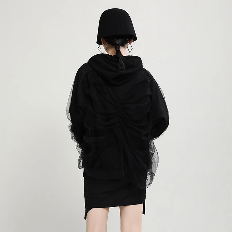 

CHICEVER Patchwork Mesh Sweatshirts For Women Hooded Collar Long Sleeve Designer Oversized High Street Pullovers Female 2020 New