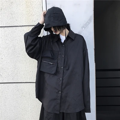 

Women's autumn new loose-fitting work bag pocket design small personality pure-color Shirt