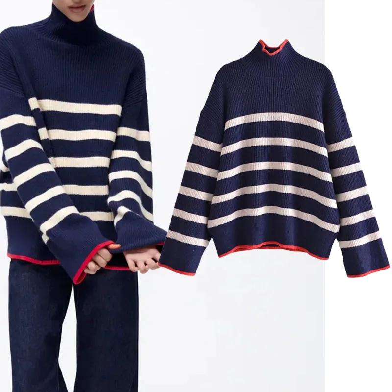 

Xypskh Za Women Autumn Fashion Striped Oversize Casual Knitted Sweater Vintage Long Sleeve Turtleneck Female Pullovers Chic Tops